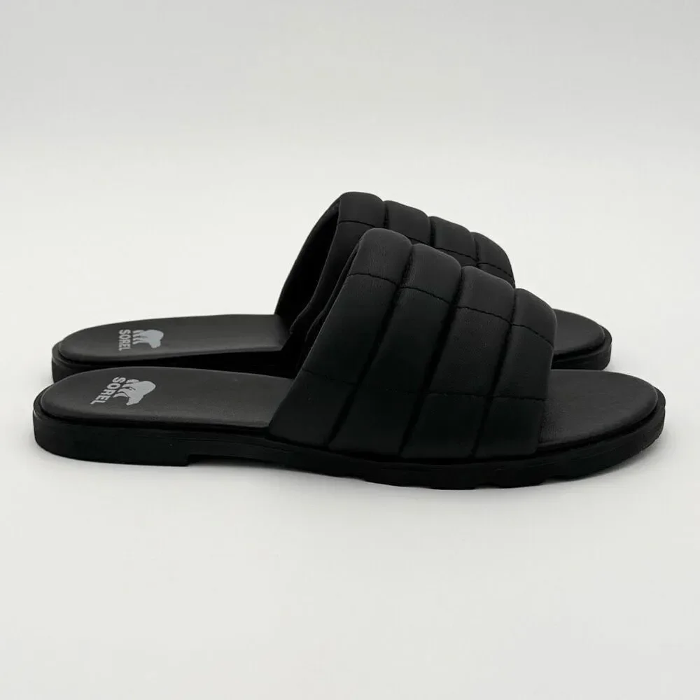 Sorel Ella III Quilted Puff Leather Black Slides - US Women’s Size 9 / EU 40 //